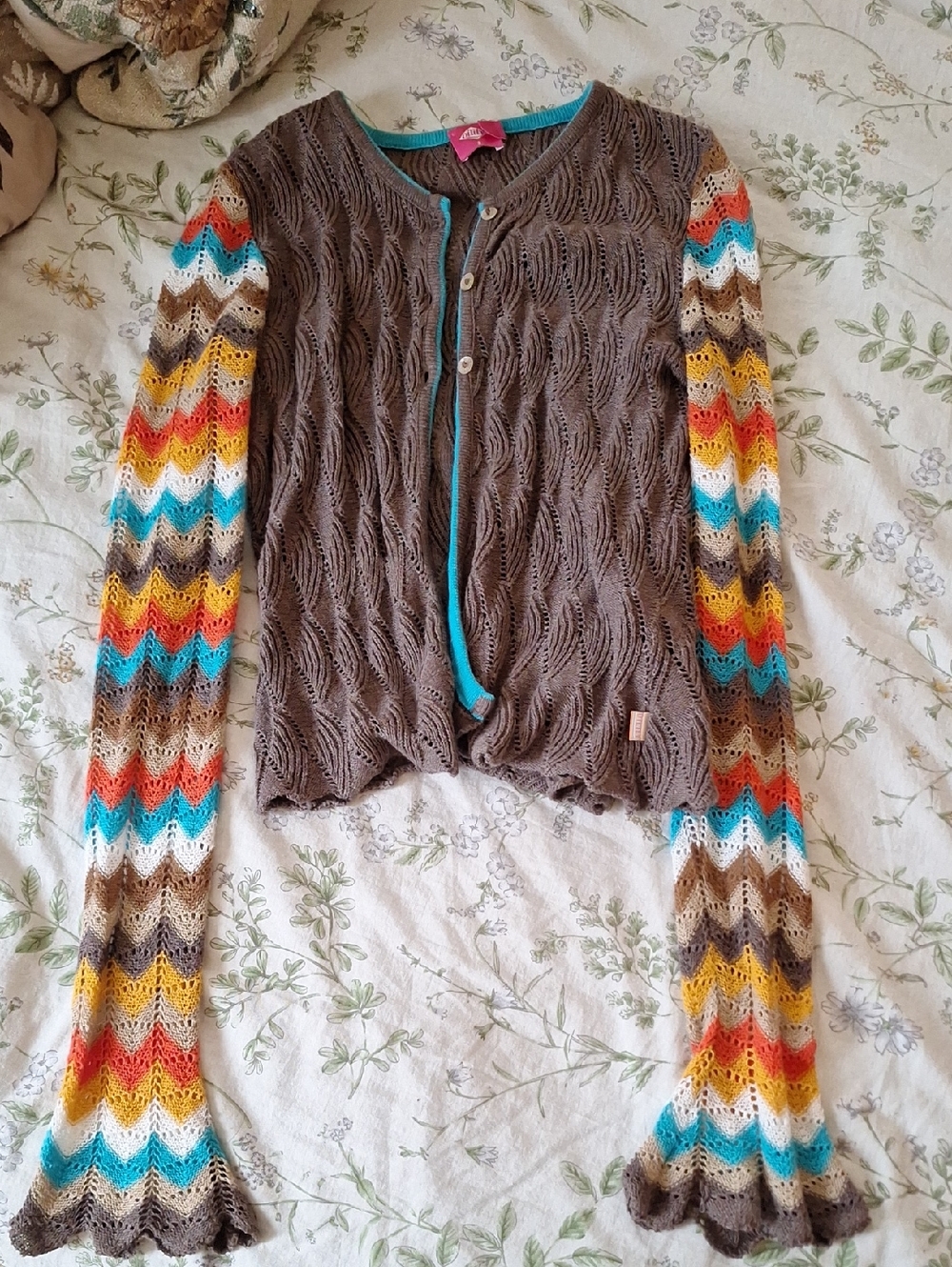 Women’s Brown Knit Cardigan with Multicolor Chevron Sleeves